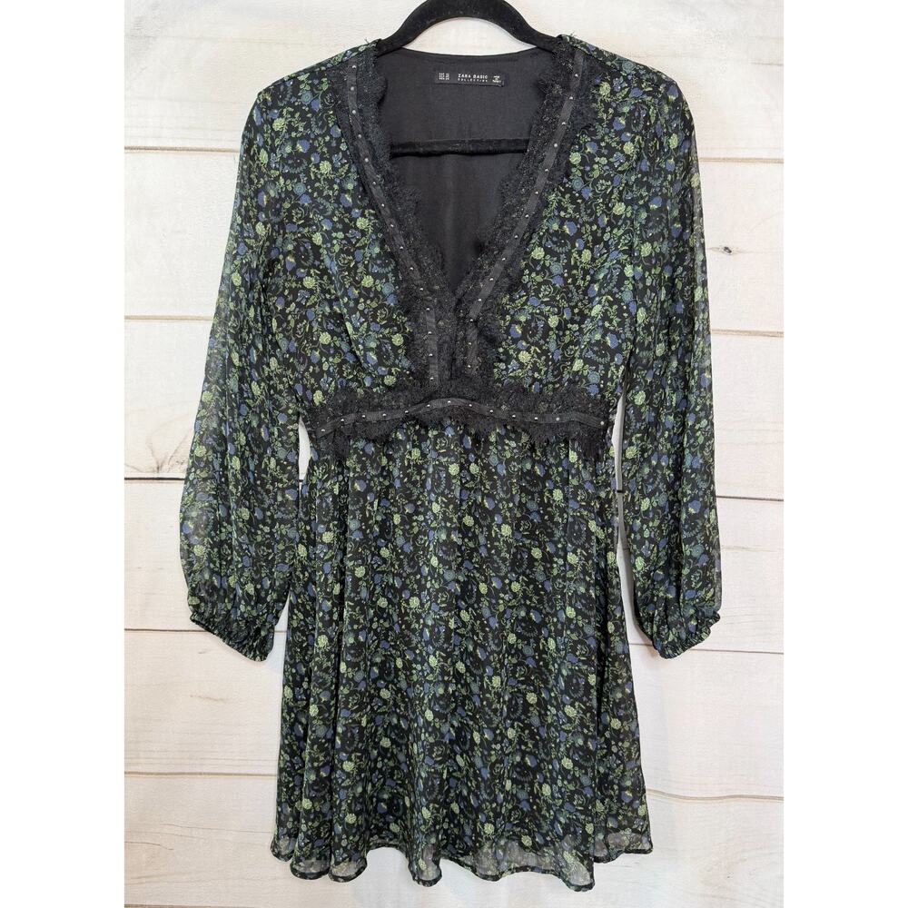 Zara‎ Long Sleeve Dress XS Black Lace Floral Print Party Flirty Stylish